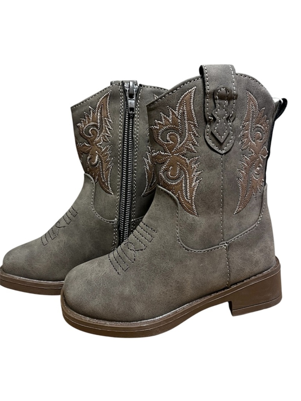 Little girls Suede-Look Gray/Brown Cowboy Boots with Embroidered Detail